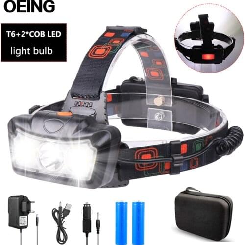 Super Bright LED COB Headlight USB Rechargeable 4 Modes Waterproof Headlamp Tail Red Warning Light Built-in 18650 Battery Torch