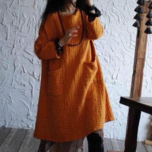 Spring Original Design Tassel O-Neck Cotton Loose Women Dress 2020 Retro Brief Long Sleeve Linen Dresses Women Pockets Thicken