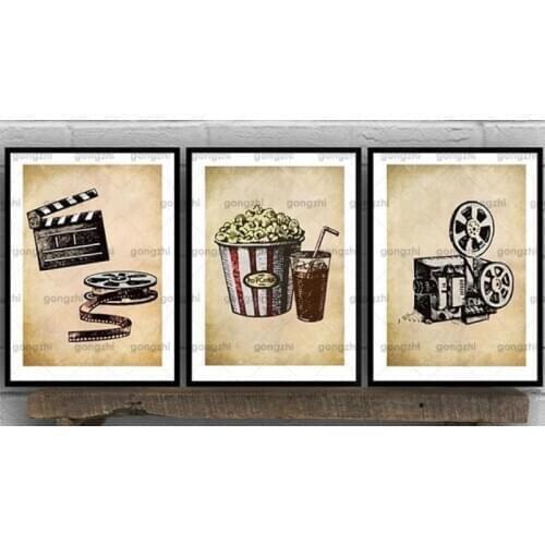 Vintage Canvas Painting Imitation Kraft Paper Video Recorder Popcorn Drink Living Room Cinema Cafe Wall Decor Printing Poster