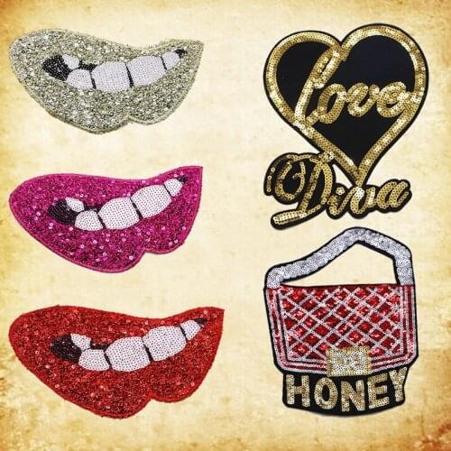 Love smile crown red lips kiss handbag Sequin patch clothes applique bow fabric womens dress jeans sticker