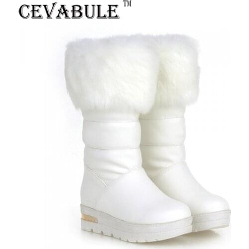 CEVABULE Elegant Fur Collar Ladies Boots Tube Snow Boots Slope Heel Leisure Winter Boots Booties Woman Warm with Fur TYX