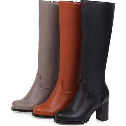 New Style Knee Boots Ladies Square High Heel Round Toe Shoes Female Fashion Solid Color Zipper Women Boots Black Gray Yellow