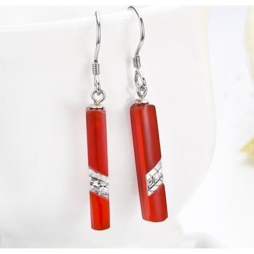 925 Sterling Silver Hook With Rectangular column Red or Black Agate Drop Dangle Earrings For Women Ladies Jewelry Gift oorbellen