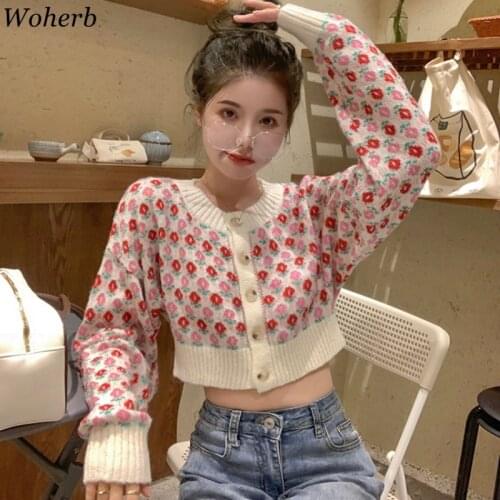 Woherb Woman Cropped Sweater 2021 Autumn New Korea Lazy Style Loose Floral O-neck Short Knitting Cardigan Chic Fashion Jumper