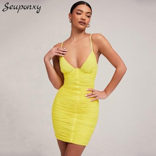 High Quality 2021 Summer Sexy Spaghetti Strap Pleated Bandage Dress Womens Elegant Bodycon Sleeveless Celebrity Party Dress
