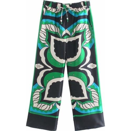 Women Fashion Side Pockets Print Wide Leg Pants Vintage High Elastic Waist Drawstring Ankle Loose Trousers Casual Long Pants