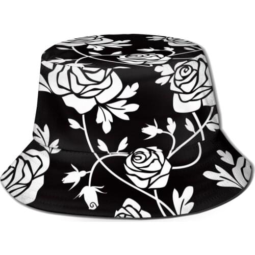 CINESSD New Fashion Bucket Hats Fisherman Caps For Women Men Gorras Summer White Roses On Black