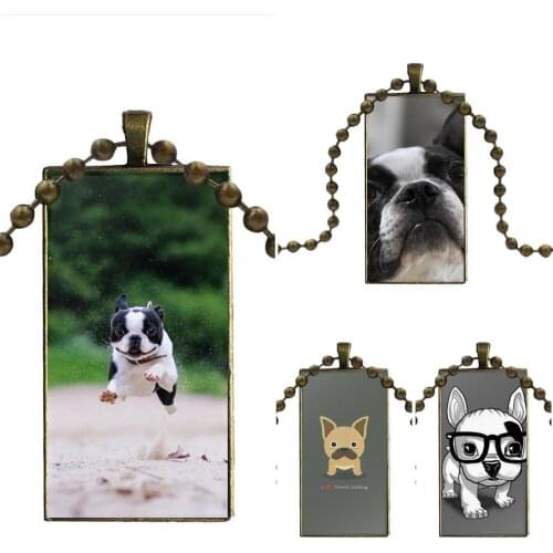 Design Fashion Vintage Glass Women Rectangle Necklace Pendants For Women Party I Love French Bulldog With Glasses Animal