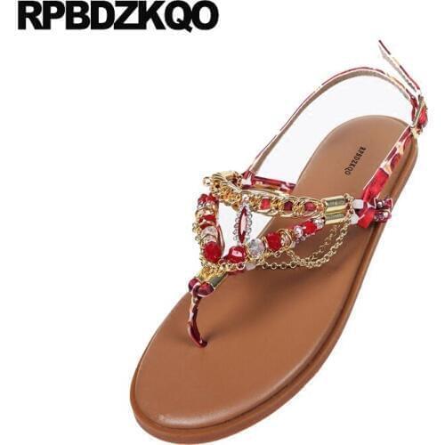 Ethnic Slingback Diamond Women Jewel Summer Beach Flat Thong Shoes Sandals Leisure Fashion Bohemia Style Red Chain Crystal Nice