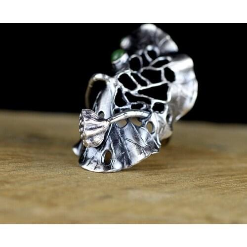 Handmade Retro Elegance Green Jasper Ring For Women Real Vintage Lotus Leaf Ring Adjustable Fine Jewelry