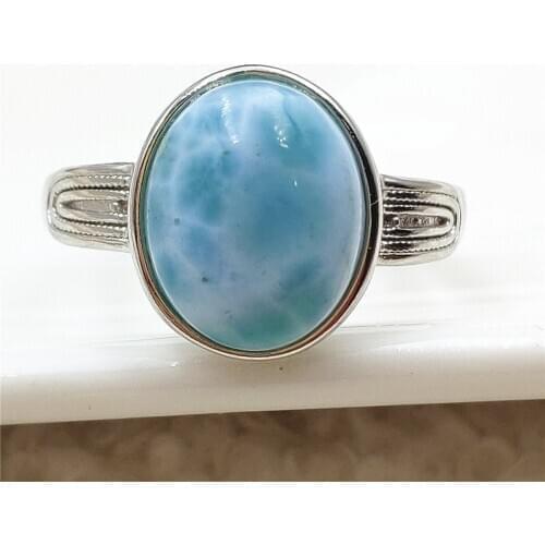 Top Quality Natural Larimar Blue Adjustable Ring 12x10mm Gemstone From Dominia Water Pattern Oval 925 Sterling Silver AAAAAA