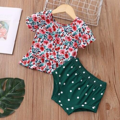 2021 New Baby Girl Clothes Set Baby Clothes 2 Pcs Sets Flower Print Short Sleeve Tops+dot Briefs Boho Summer Girls Clothes 0-18M