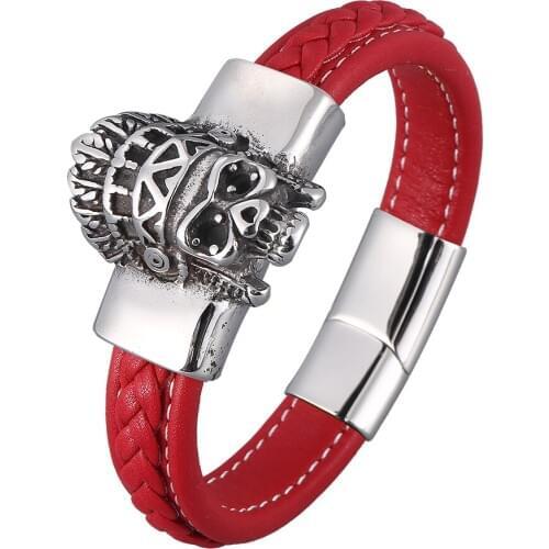 Punk Red Men Leather Bracelet Rock Statement Skull Bracelets Bangles Gothic Style Personality Charm Jewelry BB0925