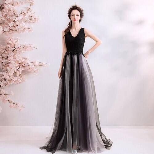 Fashion Black V-neck Formal Evening Dresses Robe De Soiree Elegant Lace Embroidery Party Prom Gown Host Dress