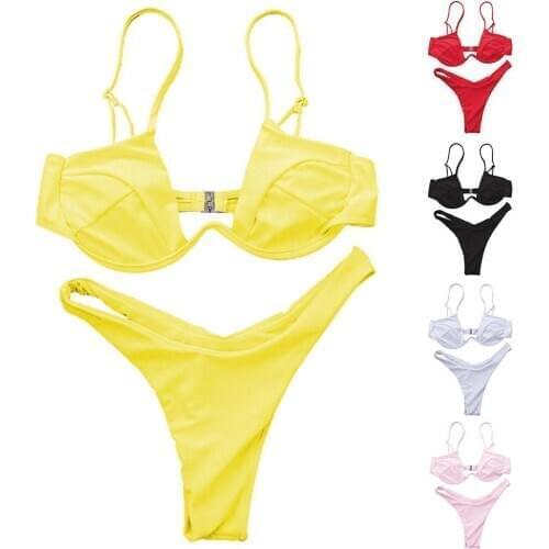 Sexy Women Solid Color Swimsuit Underwired Bra G-string Briefs Beach Bikini Set Swimsuit Female Beachwear Swimming Bikini Women