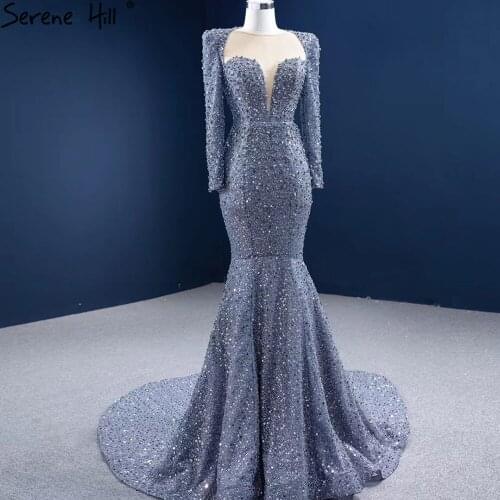 Serene Hill Grey Luxury Beaded Mermaid Evening Dress 2021 Long Sleeves Elegant Lace Up For Women Formal Party Gown CHM67272