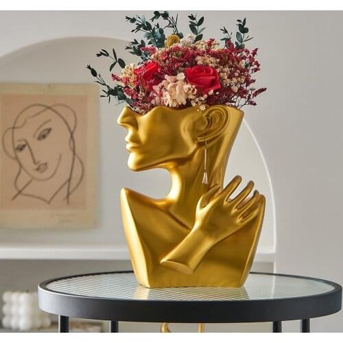 Nordic Abstract Figurine Vase Human Statue and Sculpture with Artificial Flower Home Decoration Accessories Bedroom Ornaments