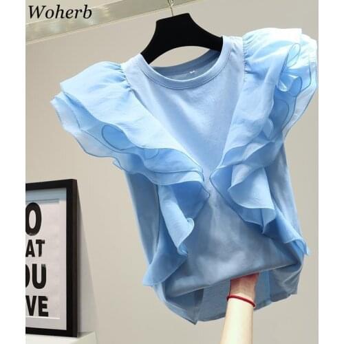 Woherb Cotton Tee Shirt Women O-neck Ruffle Patch Sleeveless Pleated T-shirt Female Tops Korean Fashion Loose Casual TShirts