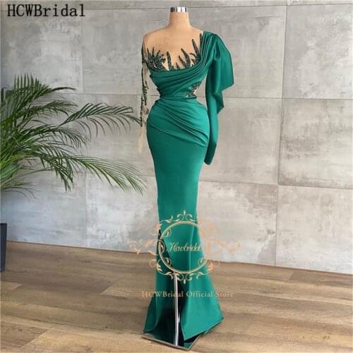 Green 2021 Maxi Evening Dress With Slit Exquisite Beads Satin Long Sleeves Formal Gowns For Women Evening Party Custom Made