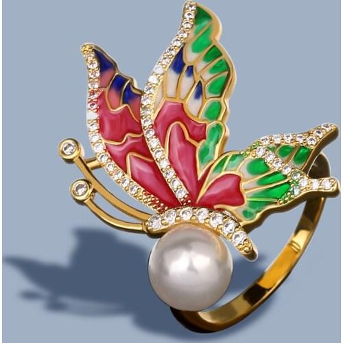 925 Silver Womens Rings Color Epoxy Butterfly Rings Inlaid Pearl Rings Exquisite Handmade Enamel Jewelry Womens Rings