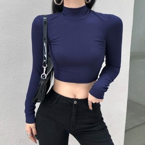 Spring Womens Solid Color Round Neck Top Long Sleeve Slim Short T-shirt Sexy Navel Bottoming Shirt Lady Party Wear Street Wear