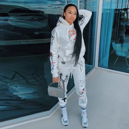 Graffiti Streetwear winter warm Two Piece Set Women Tracksuit Female Hoodies Pants Women Matching Sets Outfits Sweatsuit