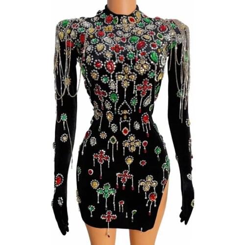 Women New Design Colorful Crystals Turtleneck Black Velvet Dress Evening Sexy Chains Dance Costume Birthday Gloves Sleeves Dress
