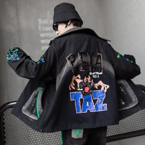 2022 Spring Autumn Womens Back Letter Sequins Printed Long Sleeve Stitching Denim Coat Y610