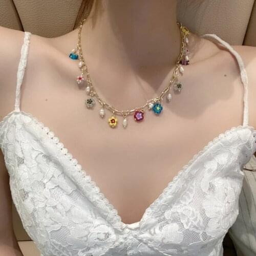 2021 Korean Colorful Glaze Glass Bead Flower Pearl Choker Necklace For Women Lades Fashion Metal Chain Party Jewelry Gifts