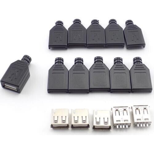 10pcs USB Connector Type A Female USB 2.0 4 Pin Adapter Socket Solder With Black Plastic Cover DIY Connector Plug