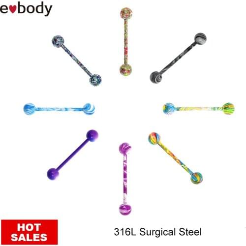 10pcs/lot Mix Multicolor Coating Stainless Steel Tongue Rings Barbell Body Piercing 14G