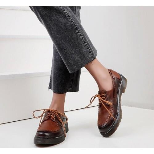 2021 spring womens Oxford Shoes PU leather lace up casual shoes thick soled sewing work shoes brown black flat shoes