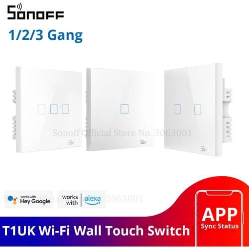SONOFF Wireless Wall Touch Light Switch, New T1UK Wifi Timer 1/2/3 Gang Switch Glass Panel APP/RF/Voice Remote Control TX Series