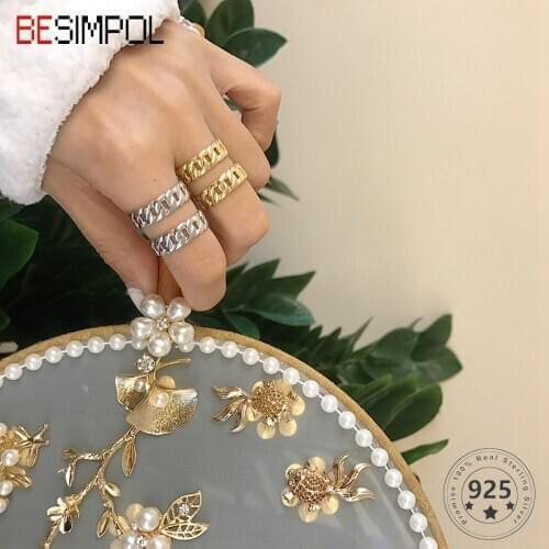 Besimpol Real 925 Sterling Silver Ring Temperament U-shaped Double Loop Chain Adjustable Open Rings For Women Fine Jewelry Gifts