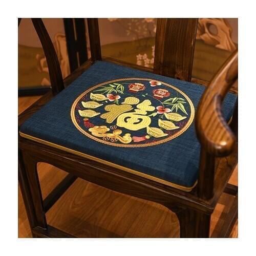 Fine Embroidery Fu Lucky Chair Seat Pad Chinese Cushion Office Home Decor Washable Cotton Linen Armchair Sitting Mat Anti-Slip