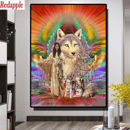 Dream catcher Diamond Painting Wolf And Woman Cross Stitch Kits 5d Diamond Embroidery Animal Full Square round Drill Needlework
