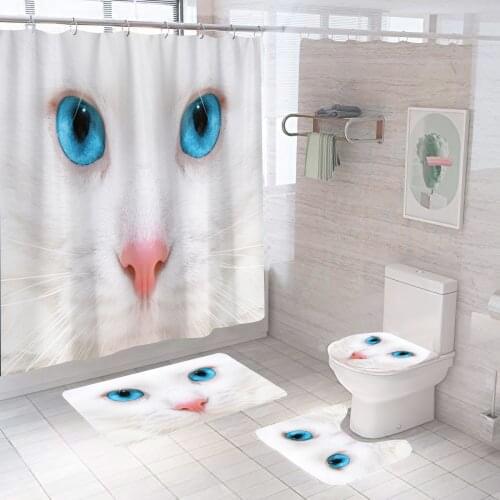 Fashion Cat With Blue Eyes Shower Curtain Set Black Cat Waterproof Bath Toilet Lid Seat Cover Bath Non-Slip Mat Rug Bathroom De