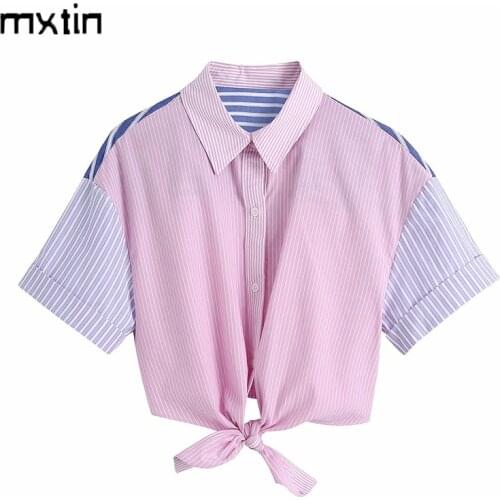 MXTIN 2021 Womens Summer Fashion Striped Cropped Blouses Patchwork Lapel Collar Short Sleeves Female Shirts Blusas Chic Tops