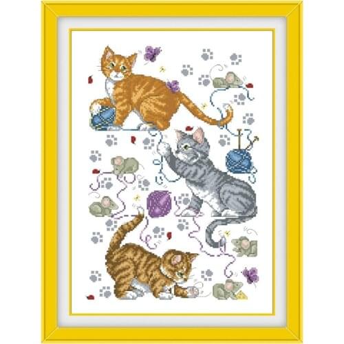 Playful kitten cross stitch kit cat mouse 18ct 14ct 11ct unprint canvas cotton thread counted needlework thread embroidery