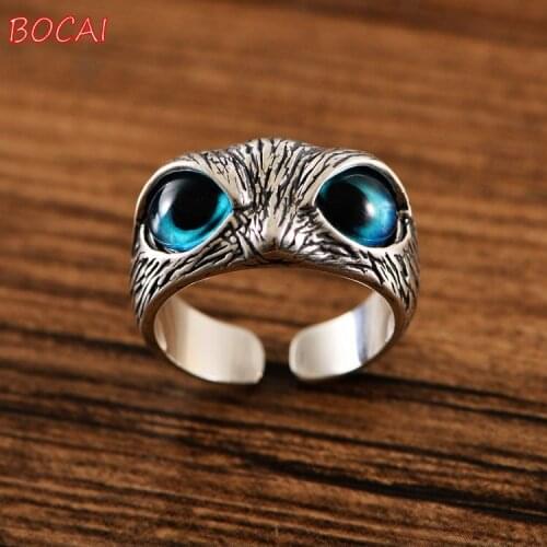 Real S925 Silver Jewelry Retro Personality European and American Ring Creative Owl Mens Open Adjustable Ring