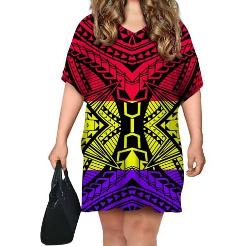 New Arrivals Polynesian Tribal Print Women Batwing Sleeve Dress Short Bodycon Dresses Summer Plus Size Casual Shirt
