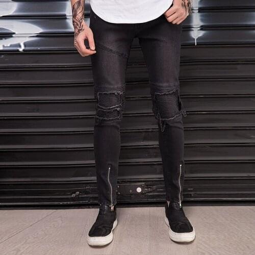 Wholesale 2020 Fashion New mens motorcycle knee hole jeans zipper torn jeans denim high street hip hop biker pencil pants men