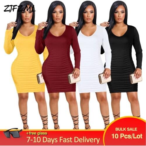 Bulk Items Wholesale Lots Sexy Pleated Midnight Club Dress Fall Clothing for Women Long Sleeve O-neck Partywear Skinny Vestido