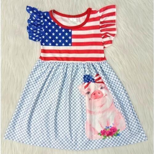 Happy July 4th girls frocks stitching fabric girl summer fashion dress cute pig pattern baby girl dresses with star and stripes