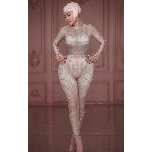 Sexy party girl stage show singer costume cloth Pink see through jumpsuit club dance wear