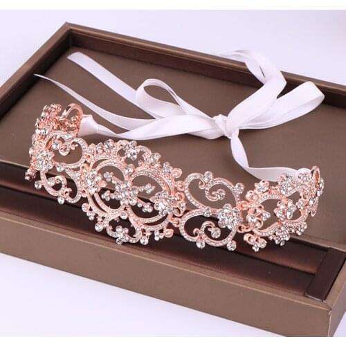 Silver Color Rose Gold Crystal Tiara Headband Women Bride Hairbands Belt Rhinestone Waistband Headpiece Wedding Hair Accessories