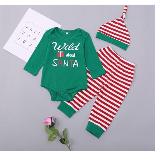 In 2020, the new American winter baby romper set, Christmas Baby striped and printed jumpsuit, comfortable three piece suit
