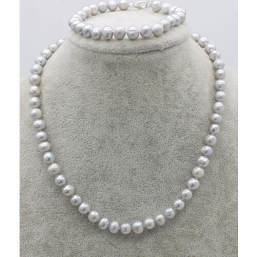 Wow! one set freshwater pearl near round gray 7-8mm necklace bracelet 17" 7.5" nature FPPJ wholesale beads