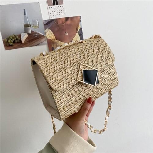 Women Fashion Woven Shoulder Underarm Crossbody Messenger Bag Casual Ladies Summer Beach Vacation Chain Small Flap Purse Handbag