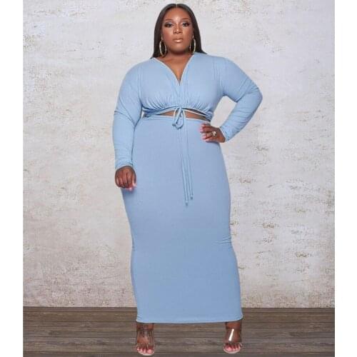 L-4XL fall 2021 clothes for women plus size set fashion sexy rib long sleeve top and skirt two piece set Wholesale dropshopping
